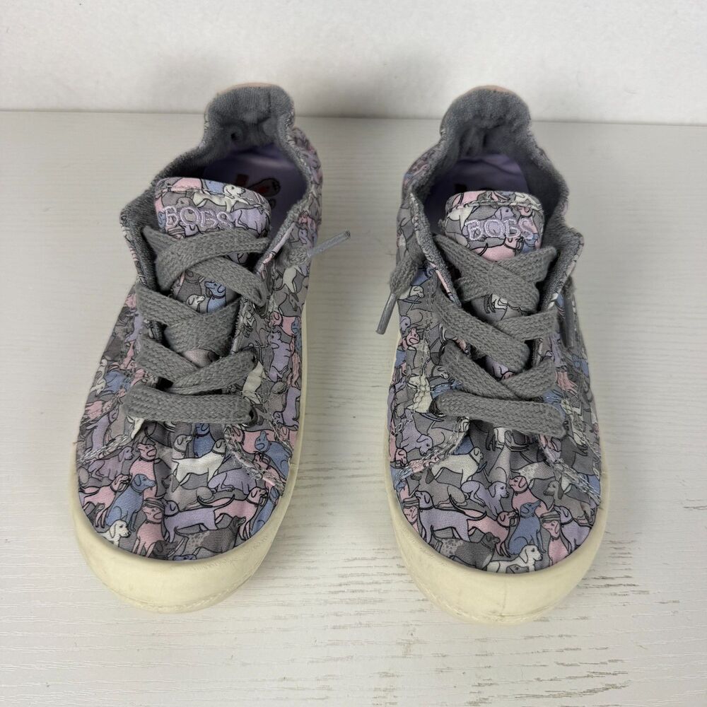 Skechers BOBS Women’s 7 Cat Print Memory Foam Lace Up Canvas Sneakers Gray